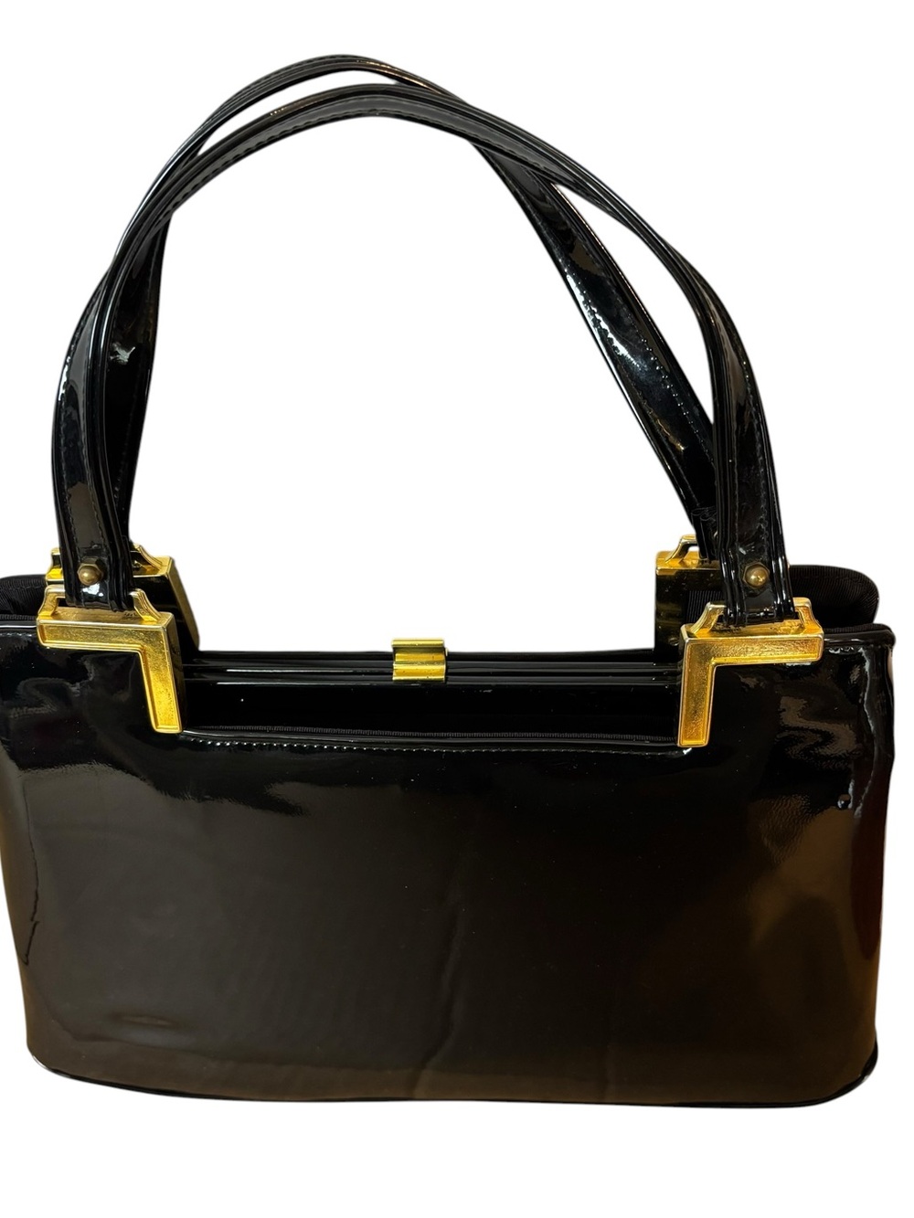 Crown Lewis Vintage women’s black patent Leather Handbag Retro Purse